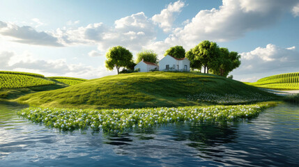 Obraz premium Beautiful House on a Floating Island Surrounded by Lush Greenery and Water