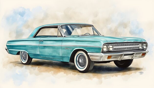 Turquoise classic car artfully depicted in a watercolor painting