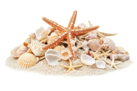 A collection of seashells and starfish on a sandy beach