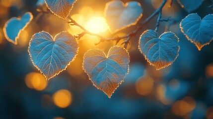 Heart-shaped leaves illuminated by sunset glow.