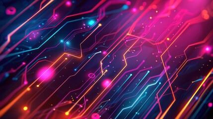 Closeup circuit board with colorful neon lines technology. AI generated image