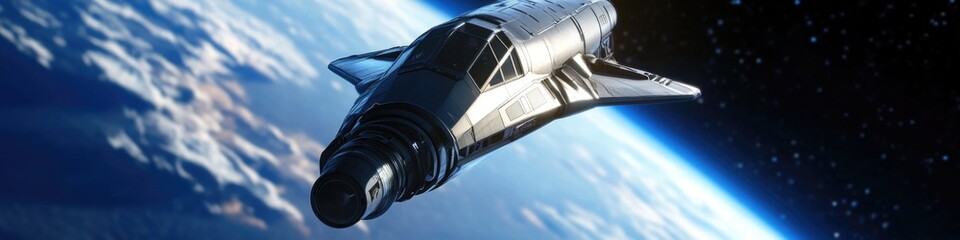 Obraz premium A space shuttle flying through orbit around Earth