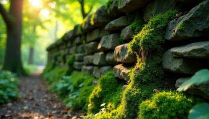 Obraz premium Moss-covered stone wall with a hint of sunlight peeking through the trees, nature, sunlight