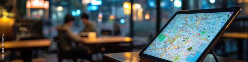 Poster a tablet computer placed on a wooden table