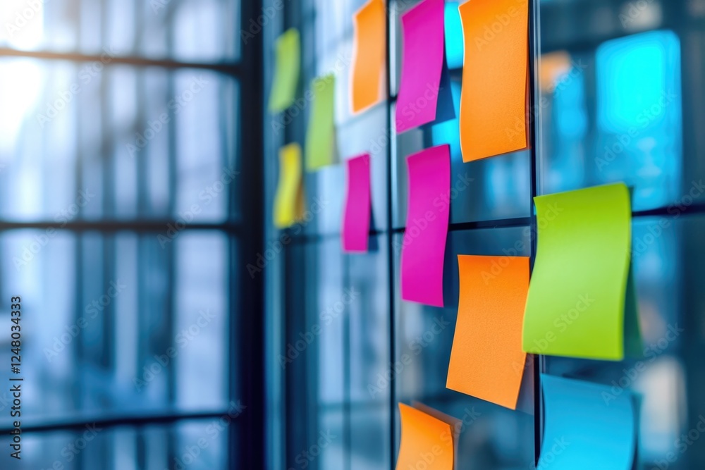 Poster a collection of post-it notes stuck to a glass wall, providing a colorful and organized visual repre