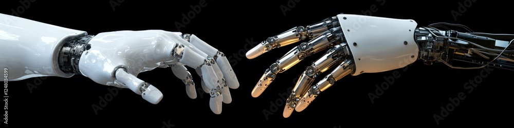 Poster two robotic hands touch each other on a dark background