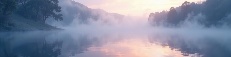 Fototapeta premium Misty veil rises from a tranquil body of water, dreamy, hazy