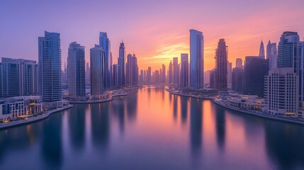 Fototapeta premium Modern skyline at dawn, vibrant colors reflecting on water, urban landscape showcasing architectural diversity and tranquility.