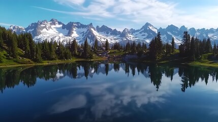 Serene lake reflecting mountains, tranquil nature scene with lush greenery and clear blue skies, perfect for relaxation.