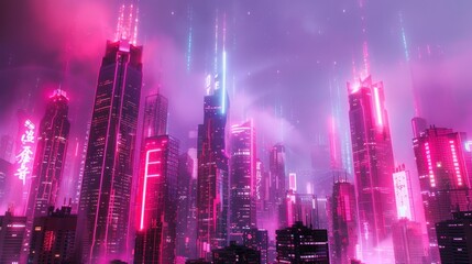 Fototapeta premium Illustration retro futuristic city with synthwave neon lights illuminated background. Generated AI