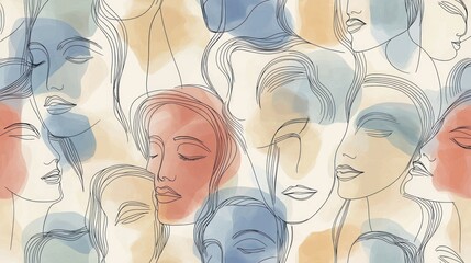 Abstract illustration of diverse faces in soft colors.