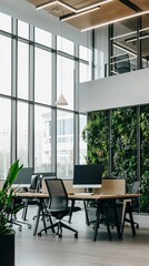 An innovative office interior with lush vertical gardens, employees working in a green and healthy environment, natural daylight, modern workspace aesthetics, eco-conscious company culture, corporate