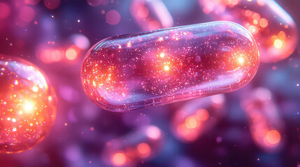 Glowing transparent capsules with sparkling particles, floating in a vibrant pink and purple background.