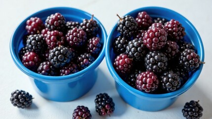 Two small blue bowls overflowing with plump, ripe blackberries, a delightful summer harvest