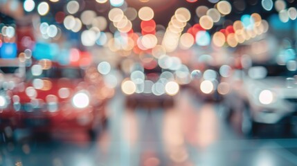 Row new cars displayed in showroom indoor building on blurred lights background. Generated AI image