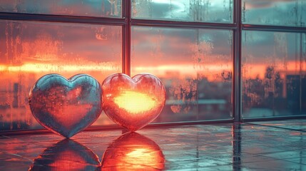 Two heart-shaped sculptures by a window at sunset.
