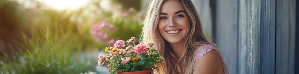 Naklejka premium A young woman holding a potted plant for gardening or decoration