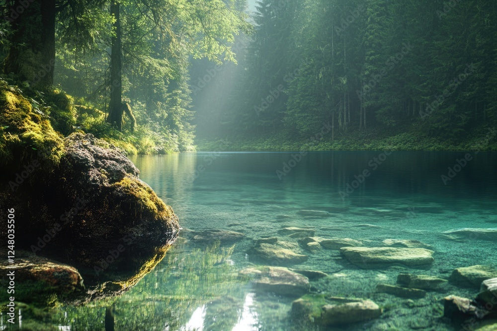 Poster a serene lake surrounded by lush trees and rocks