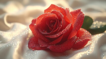 A close-up of a dew-covered red rose on fabric.