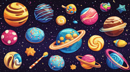 Cartoon set of candy planets isolated on background. Vector illustration of sweet chocolate, caramel, lollipop, cookie ball cakes decorated with glossy color icing. Fantasy candyland desing elements