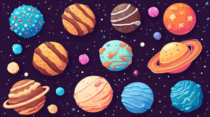 Cartoon set of candy planets isolated on background. Vector illustration of sweet chocolate, caramel, lollipop, cookie ball cakes decorated with glossy color icing. Fantasy candyland desing elements