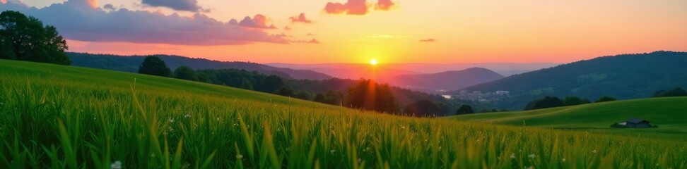 Obraz premium Gentle twilight falls on a lush green grassy field with hills in the background, colors, sunset, landscape