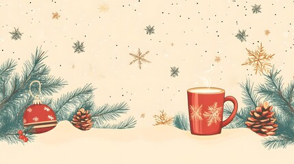 Cozy Christmas Mug with Pine Branches and Snowflakes on Festive Background