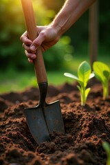 A hand carefully uses a garden shovel to cultivate rich dark soil, preparing the ground for planting young seedlings in a vibrant garden setting.