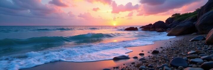 Gentle lapping of waves on a rocky shore with colorful sky, peaceful ambiance, soothing colors, natural scenery