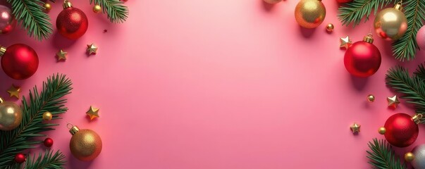 Garlands of colorful Christmas ornaments on a pink background, red, pink background, decorations