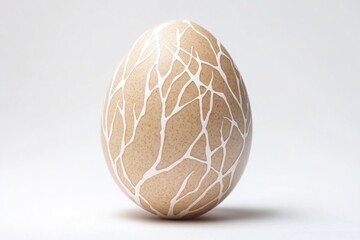 A single white and brown egg placed on a white surface, ready to be used or displayed
