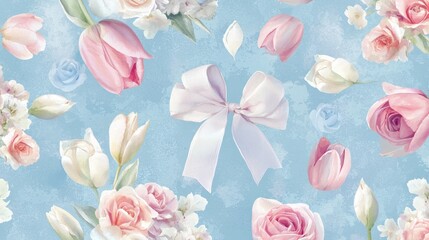 Floral pattern with a bow on a blue background.
