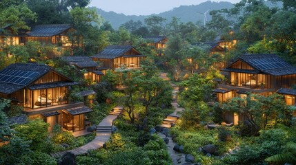 Hillside village resort, illuminated at dusk