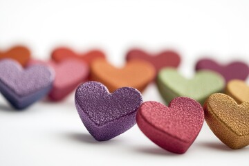 Obraz premium A row of colorful hearts on a white background, great for Valentine's Day or love-themed projects