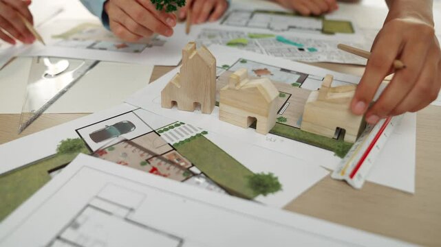 Architects determine position of tree or house using building blueprint on messy table with architectural project and measurement tool scattered around. Business and environment concept. Delineation.