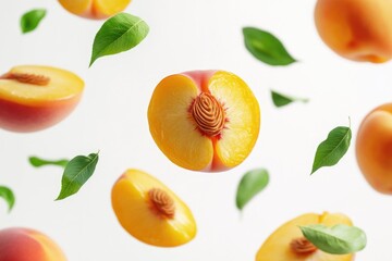 A cluster of peaches surrounded by fluttering leaves