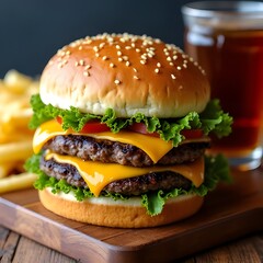 Juicy Beef Cheeseburger with Crispy Bacon and Fries