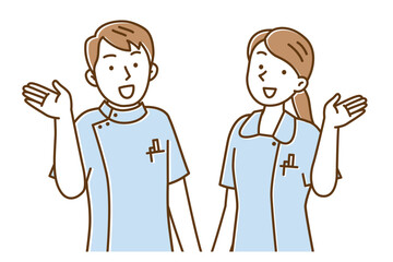 手を上げて案内する若い看護師の男女のイラスト