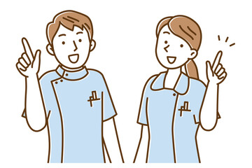 指差ししてアドバイスする若い看護師の男女のイラスト