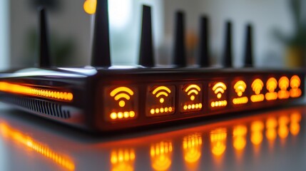 Home Wi-Fi router glowing, internet access