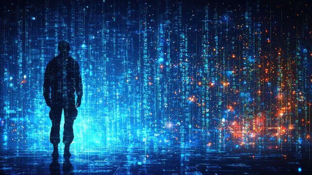 Silhouette of a soldier standing in a futuristic digital landscape, a mesmerizing blend of technology and warfare. A cyberpunk vision of the future.