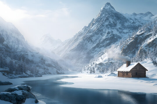 Lakeside cabin under snowy mountains