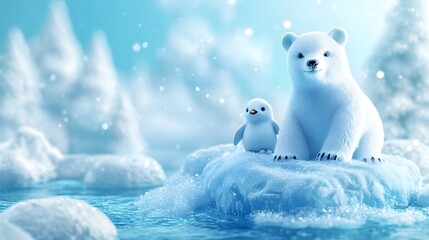 Fototapeta premium Polar Bear Mother and Cub on Snowy Icy Landscape in Arctic Tundra