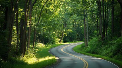 Obraz premium Serene Winding Road Through Lush Green Forest