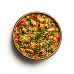 Chicken rice bowl, studio shot, overhead view, white background, recipe
