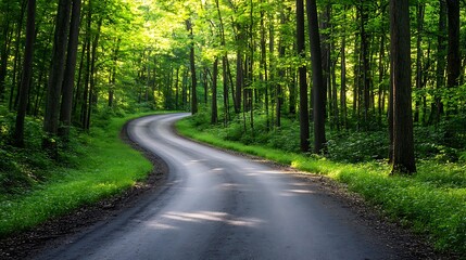 Obraz premium Serene Winding Road Through Lush Green Forest