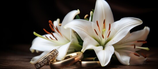 Fototapeta premium Closeup of wedding rings and white lily on dark background. AI generated image