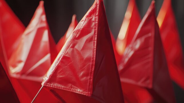 A group of red flags sitting side by side, ideal for warning or directional purposes