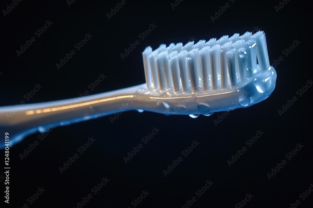 Poster a close-up shot of a toothbrush with water droplets on the bristles, great for use in health and wel