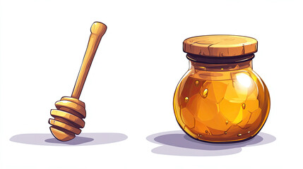 Honey Jar with Wooden Dipper on White Background